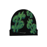 a black beanie with green dollar signs on it