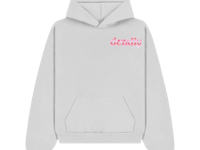 a white hoodie with pink letters on it